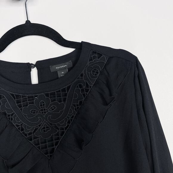 Halogen Medium M Black Eyelet Ruffle Yoke Detail Long Sleeve Blouse Top Peasant - Picture 3 of 8